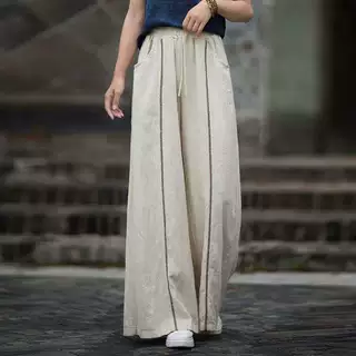 夏季棉麻阔腿裤小众个性文艺范宽松休闲长裤女式个性系绳亚麻裤子