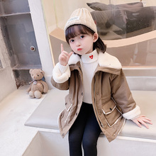 女童加绒棉衣冬季新款韩版女宝宝中小童纯色大口袋加绒中长款外套