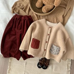 Yimai Autumn and Winter New Children's Wear Korean Style Girls' Lamb Velvet Fur Jacket Children's Color-block Floral Pocket Velvet Cotton-padded Clothes