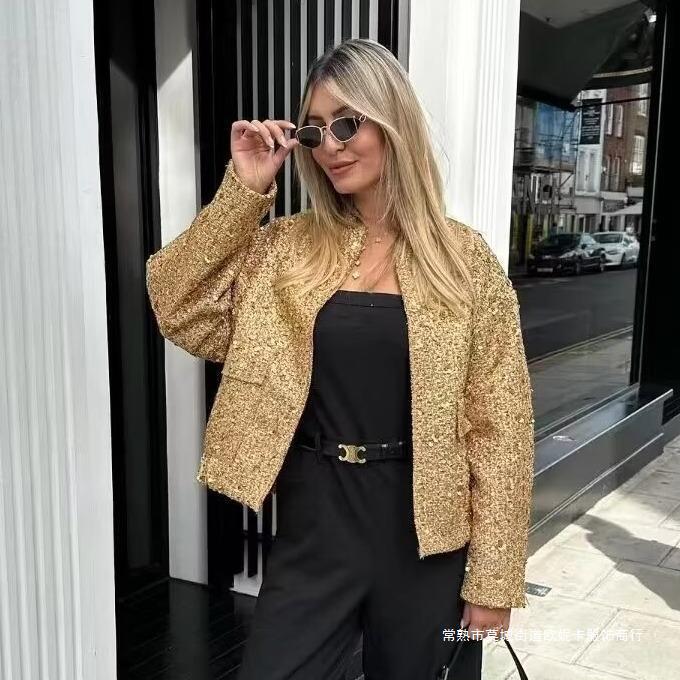 Cross-Border Foreign Trade Women's Clothing European and American Style Cross-Border Supply Wholesale Autumn and Winter European and American Fashion Sequined Stand-Up Collar Jacket Outerwear