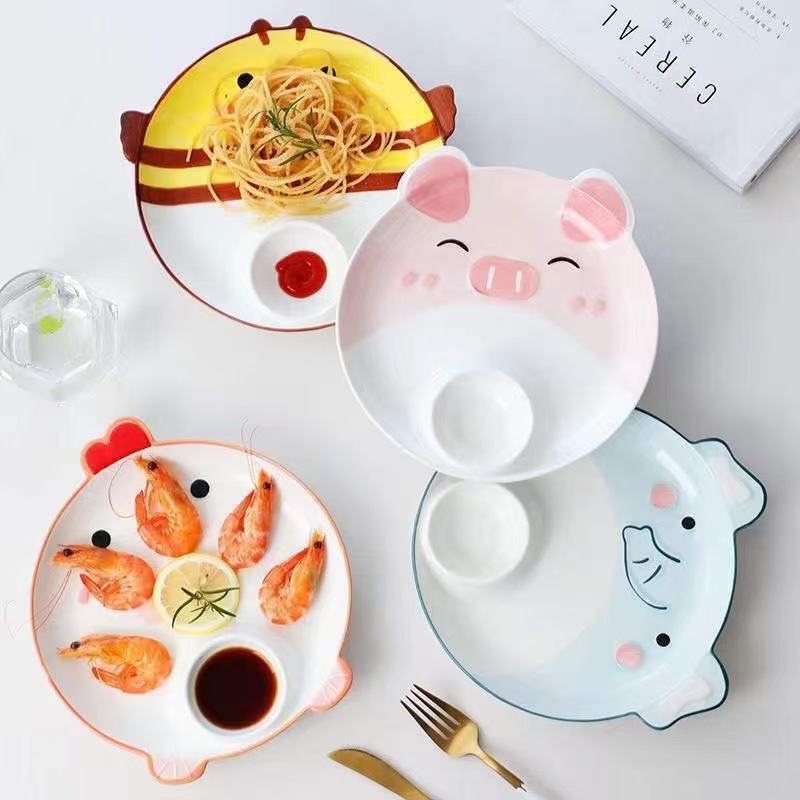 釉下彩手绘萌宠卡通陶瓷饺子盘子带醋碟家用餐具早餐薯条盘分格盘
