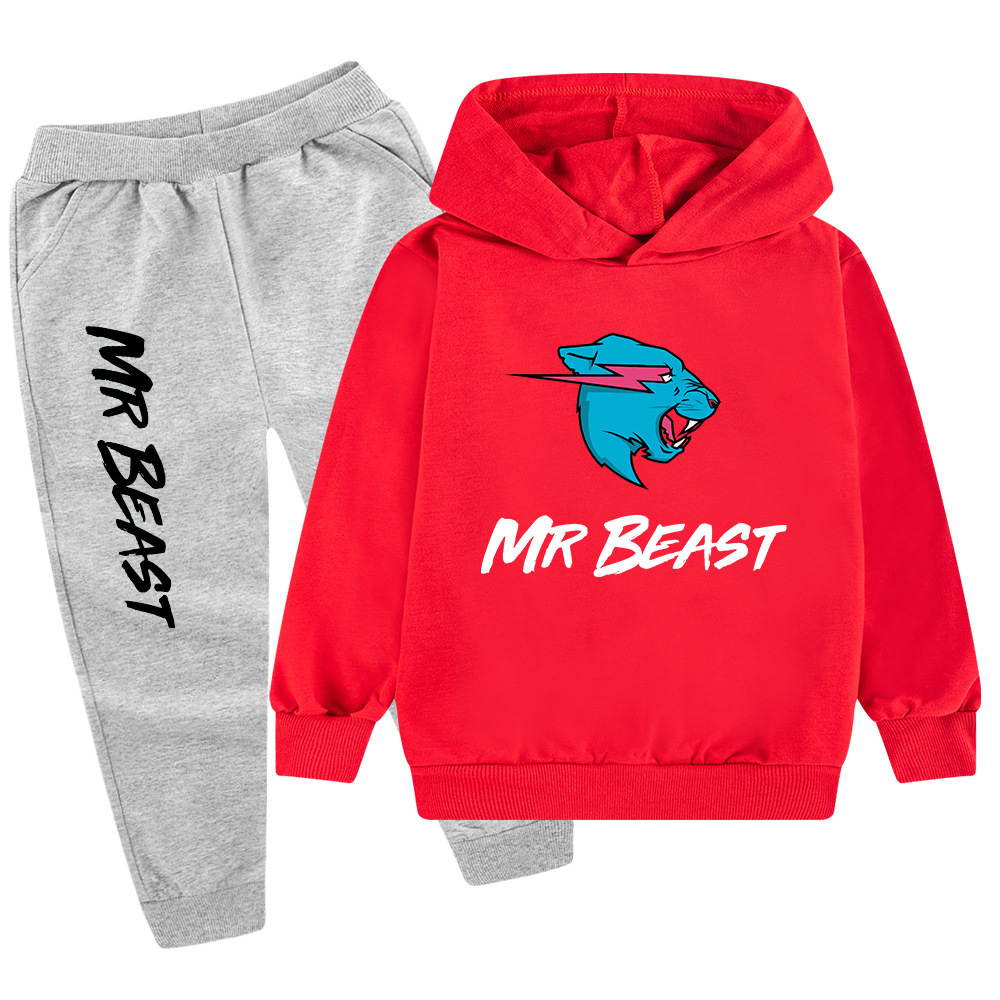 Testa di lupo MR BEAST Cartoon stampato set per ragazzi e bambini felpa con cappuccio maglione + pantaloni PB437_voghion.com