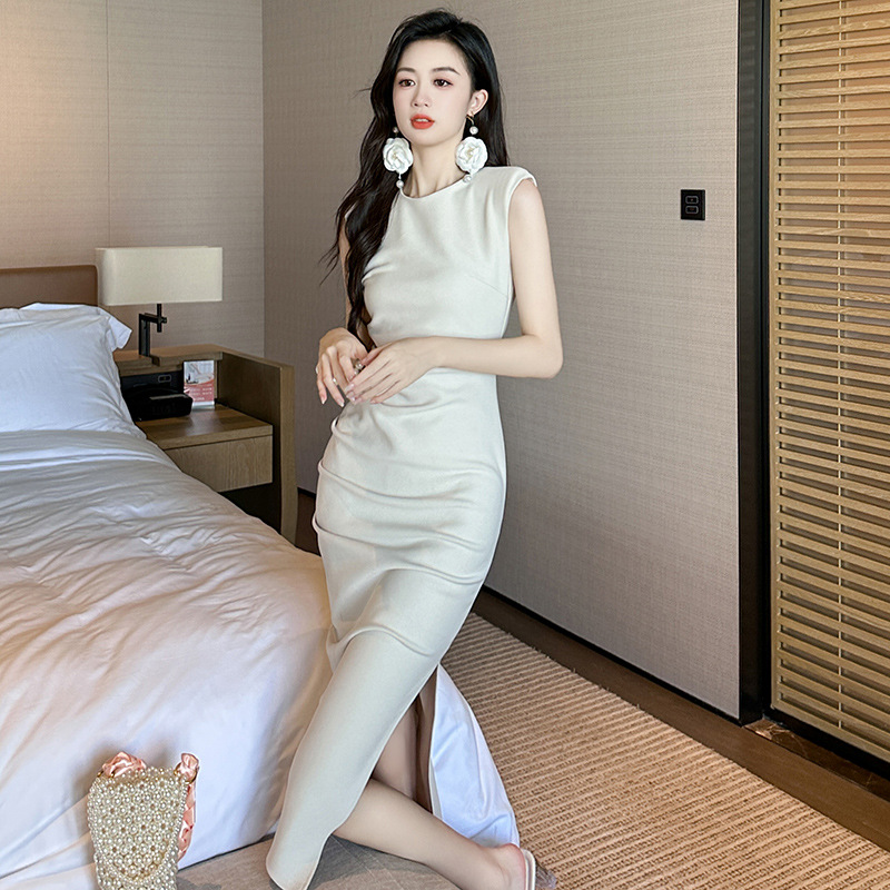Váy liền không tay dáng dài ôm mông kiểu Pháp Hepburn cho nữ — Màu đen, Màu đỏ rượu, Vàng Mơ gạo nếp