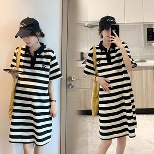 Hong Kong Style Pregnant Women dress Polo Collar Striped Short Sleeve Skirt Summer Maternity Summer 2023 New Summer Dress for Women