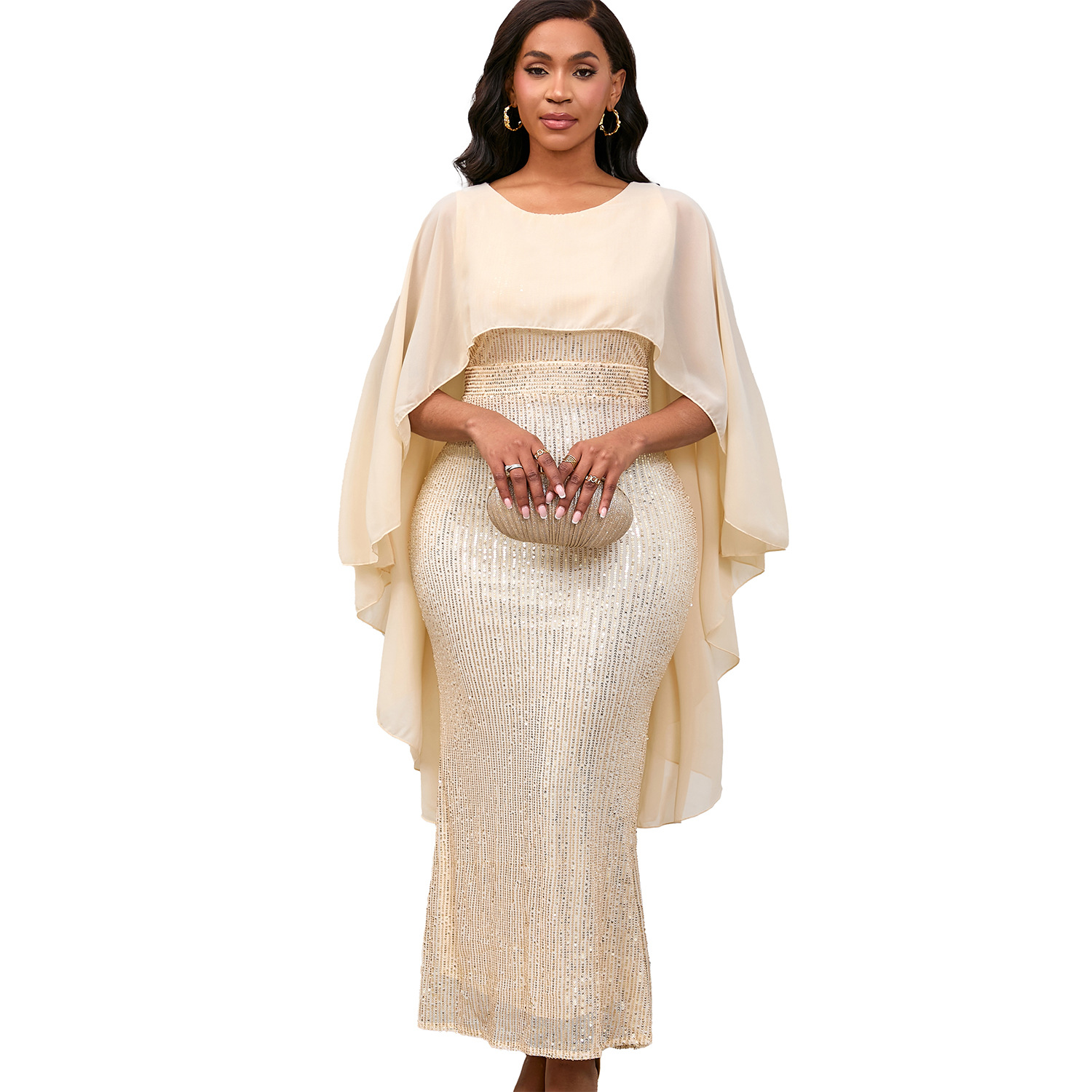 Women's Spring New Fashion Chiffon Cloak Sequins Buttocks Long Dress Banquet Party Dress_ecoleips.com