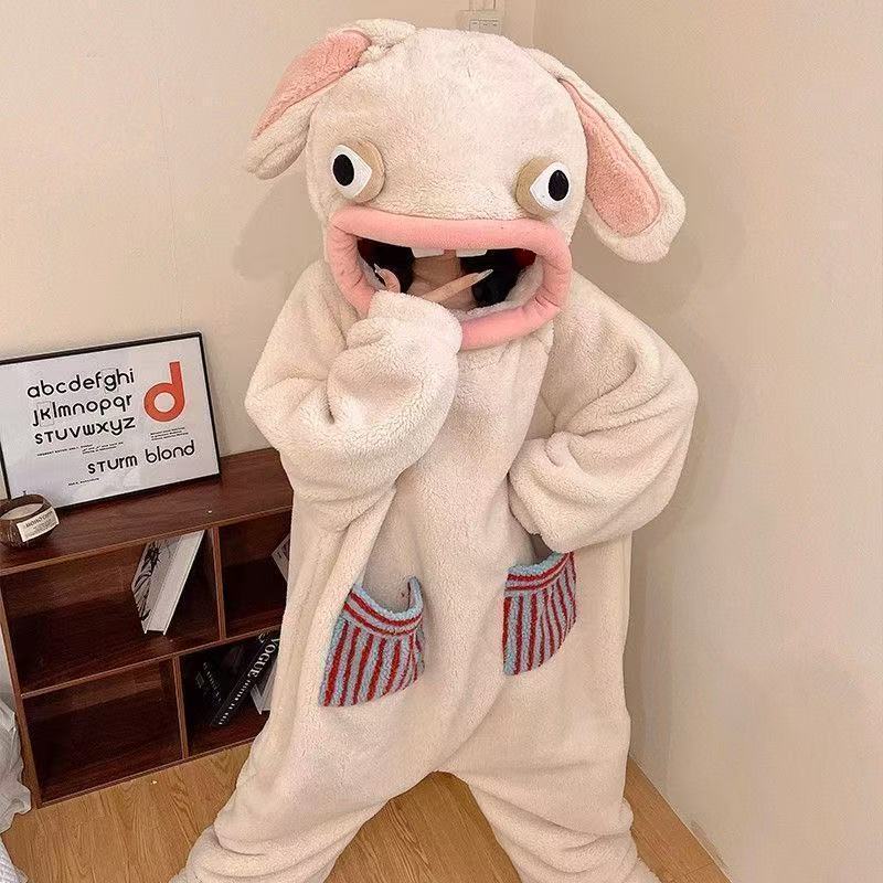 Cute Crazy Rabbit One-Piece Pajamas Coral Velvet Women's Autumn and Winter Thickened Warm Pajamas Cartoon Funny Doll Clothes