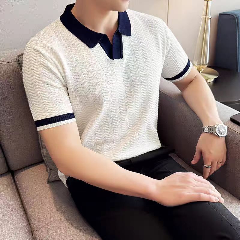 撞色翻领针织短袖poIo衫男高级感商务休闲T恤ins潮牌小v领打底衫|undefined