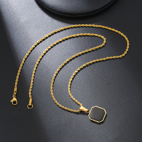 Cross-border hot-selling hip-hop stainless steel Epoxy black square pendant men's sweatshirt stacking necklace long sweater chain