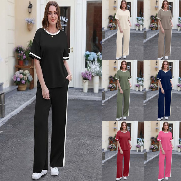 2026 Spring/Summer Cross-Border Amazon Two-Piece Resort Wear Short-Sleeve Casual Set with Wide-Leg Pants and Pockets 2026 Spring/Summer Cross-Border Amazon Two-Piece Resort Wear Short-Sleeve Casual Set with Wide-Leg Pants and Pockets