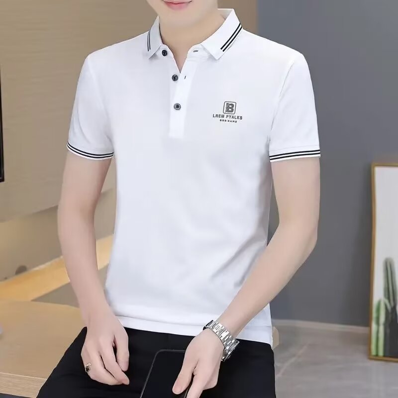 Solid Color Embroidered Summer Thin Turtleneck Shirt Men's Short-sleeved Shirt Young and Middle-aged Loose All-match Business Half-sleeved Top