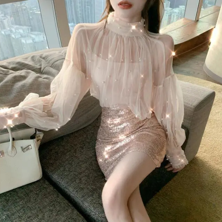 2022秋装新款网纱透视超仙灯笼袖长袖打底衫蕾丝衫女+性感亮片裙