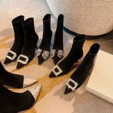 法式尖头细高跟小短靴女2025春秋新款水钻方扣弹力时尚瘦瘦袜子靴