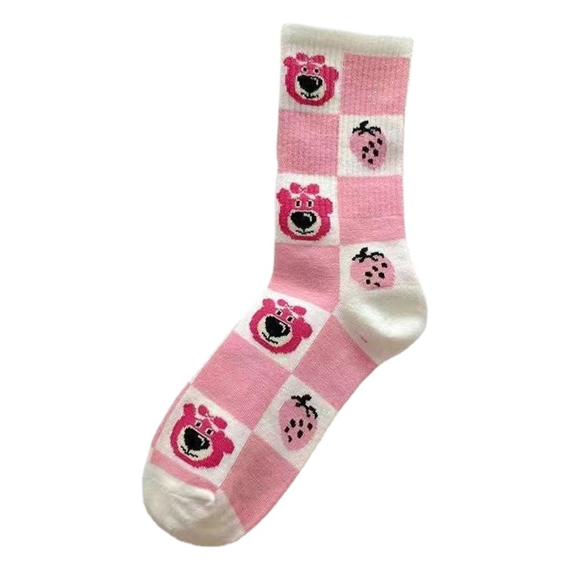 Strawberry bear socks online celebrity female student mid-calf Korean cute cartoon Pink long women's socks ins fashion
