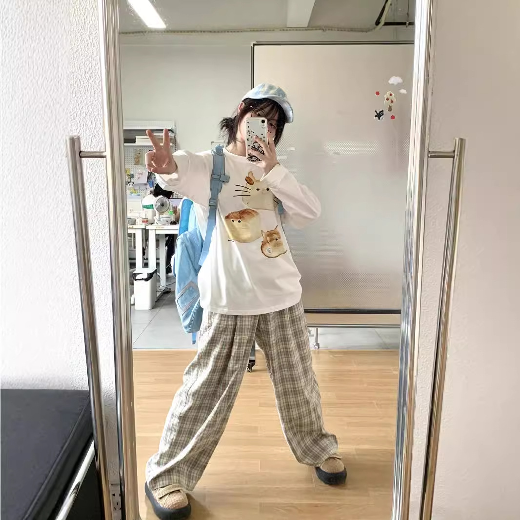 Printed Loose Cotton Heavy Long-sleeved White T-shirt Women's Base