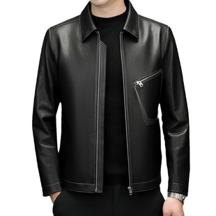 Tommy Black Shows Fashionable Haining Goatskin Leather Jacket for Men in Autumn and Winter New Middle-Aged Lapel Short Genuine Leather Jacket for Men