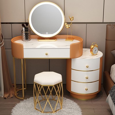 80 오렌지 엣지 + 화이트 드로잉 테이블 + 원형 캐비닛 + 거울 + 새둥지 스툴 화이트 TLMS - 원형 스타일