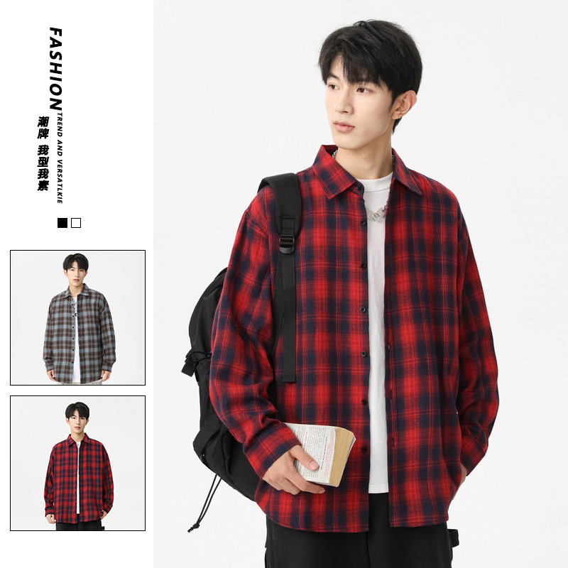 American Style Trendy Brand Red Plaid Shirt Men's Spring and Autumn New High Street Loose High-end Long-sleeved Shirt Top American Style Trendy Brand Red Plaid Shirt Men's Spring and Autumn New High Street Loose High-end Long-sleeved Shirt Top