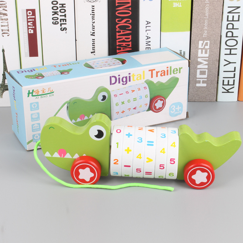 Niños dibujos animados digital cachorro animal remolque coche de madera coche de juguete cachorro de madera cocodrilo remolque juguete