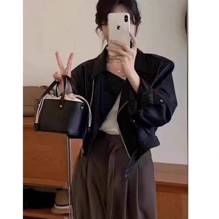 咖色pu皮衣外套女短2025春季宽松小个子复古港风长袖机车夹克上衣|undefined