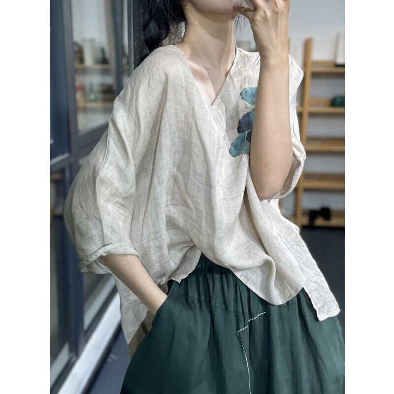 Summer New Vintage Artistic Printing Loose Elegant Loose Slim Thin High-end Anti-ramie Shirt Women's Top