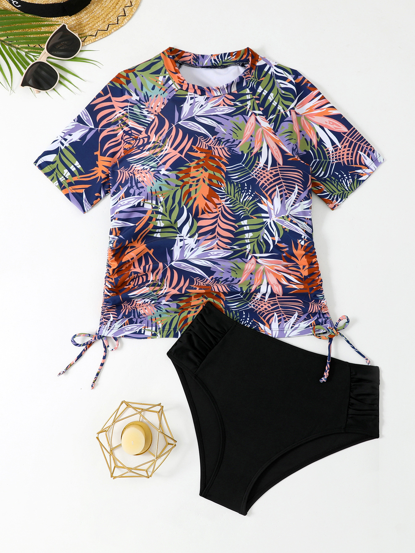 Women's Short Sleeved Conservative Bikini Set Sun Protection Suit_voghion.com