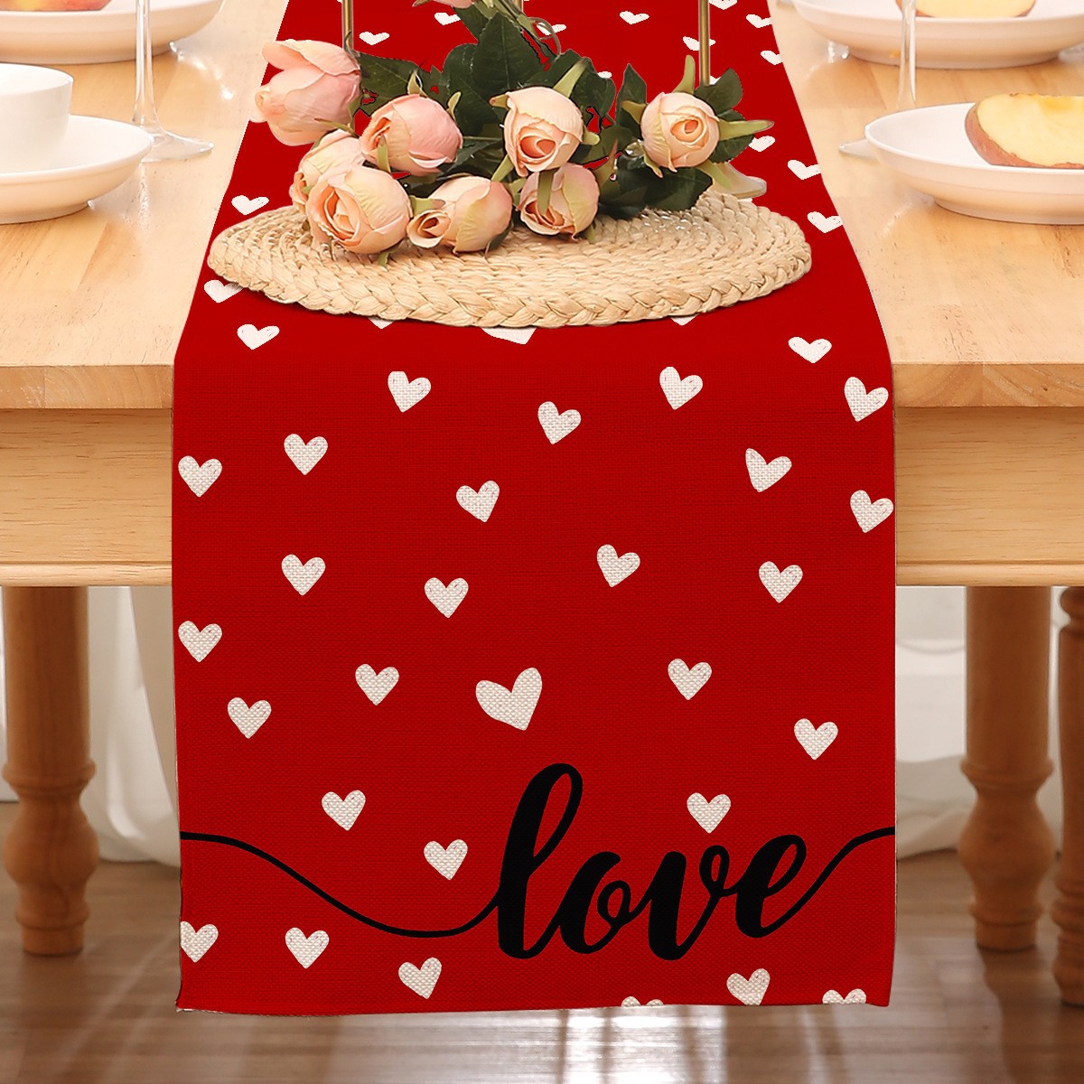 Camino de mesa temático de San Valentín para decoración transfronteriza, mantel rojo estampado de Amazon, decoración de restaurante, estilo nórdico, decoración del hogar, tira larga