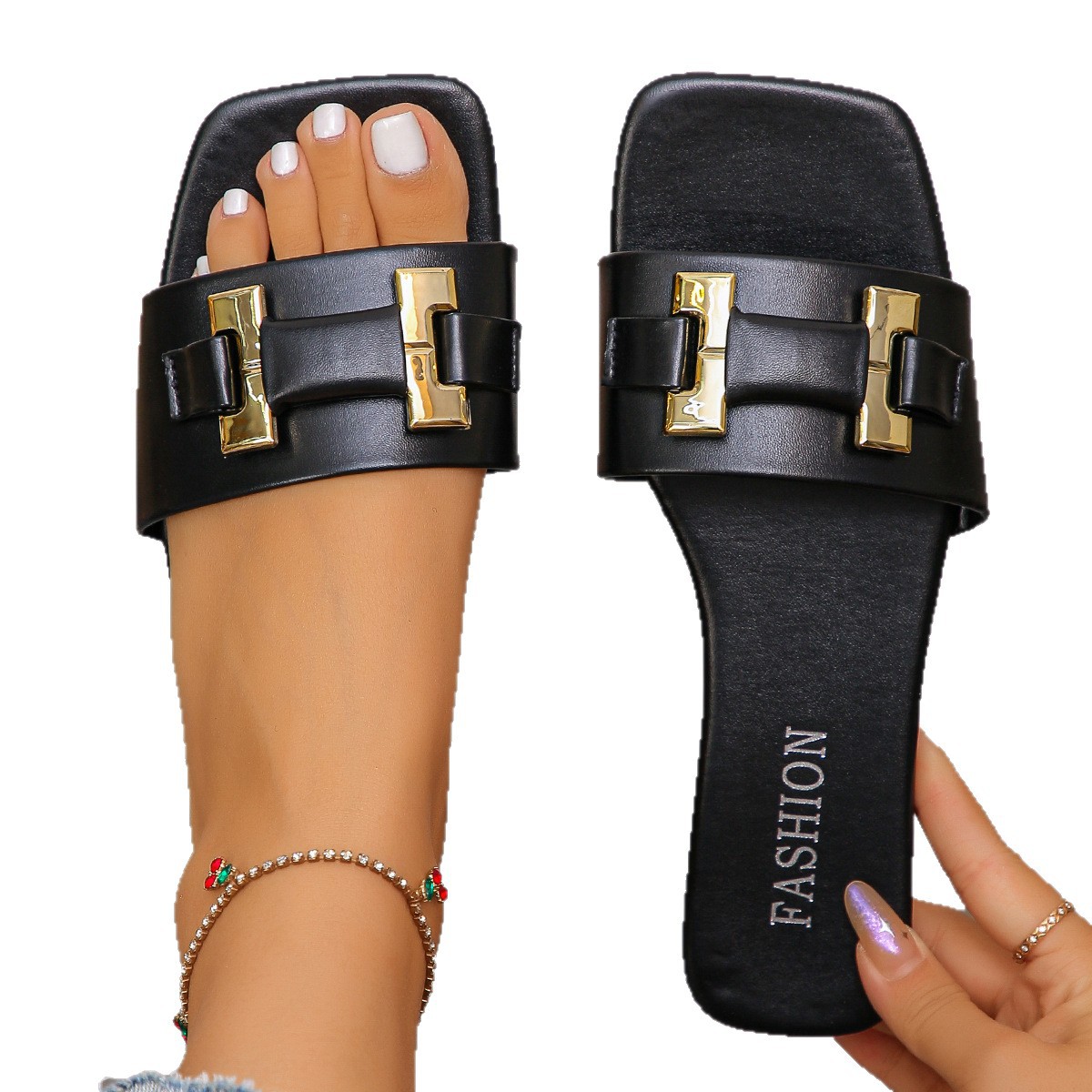 Shoes Summer Plus Size Women's Slippers H Shaped Buckle Square Toe One Strap Fashionable Easy Wear Versatile Shoes_voghion.com