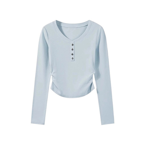 Korean-style round-neck, Western-inspired innerwear with soft fleece and long sleeves—perfect for fall and winter, offering a versatile, side-pleated, slim-fit, and elegant look.