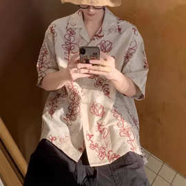 复古风设计感印花百搭衬衫男士夏季新款高级感帅气小众短袖衬衣服