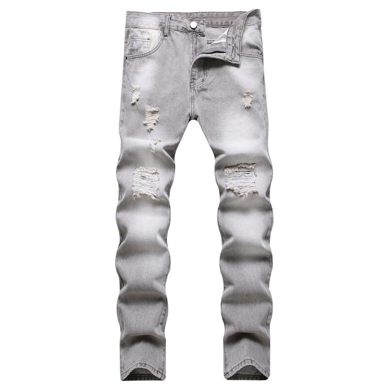 Cross-Border Amazon Foreign Trade New Ripped Gray Jeans Men's Slim Youth Non-Elastic Straight Simple Denim Trousers