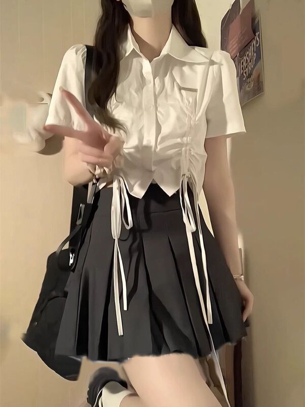 Two-Piece Suit, Short-Sleeved Shirt, Women's Summer College Style Shirt, Lace-Up Top, Trendy Pleated Skirt, Short Skirt