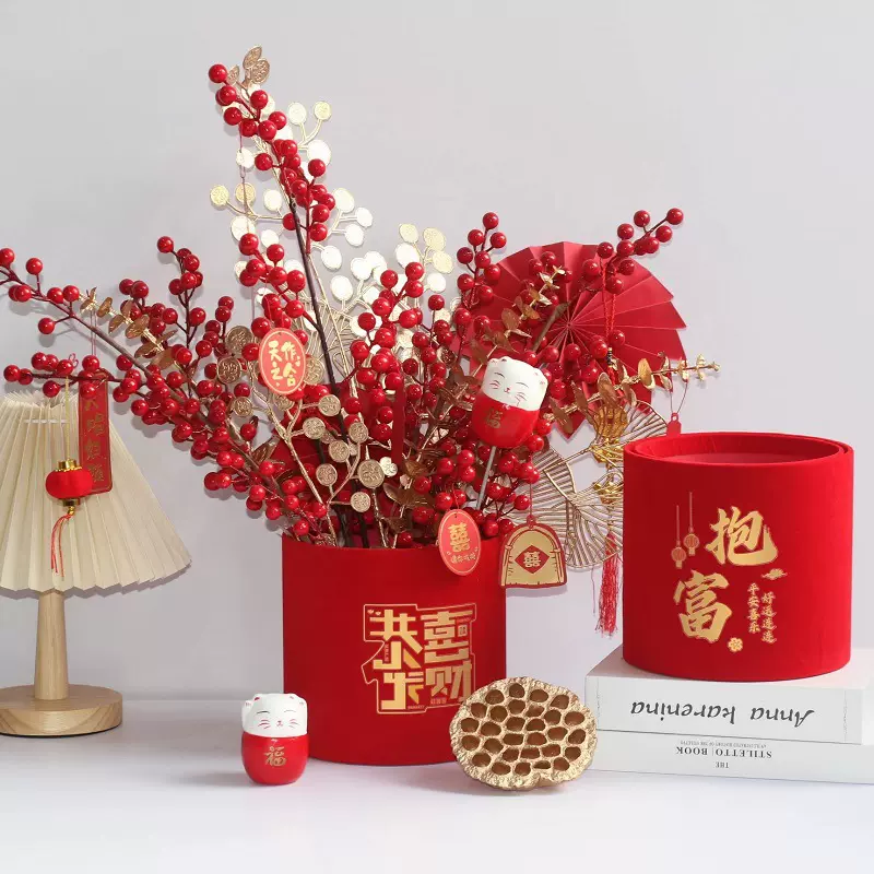 植绒福桶批发绒布抱抱桶套二圆形年宵花插花桶红色喜庆乔迁摆件