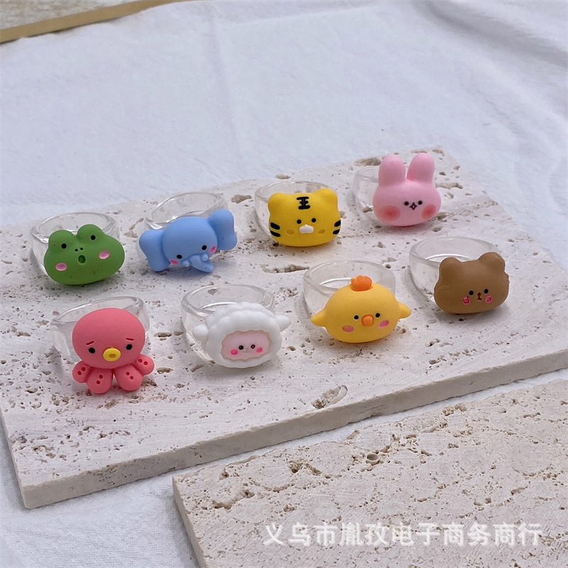 Nueva historieta animal Rana Tigre elefante pulpo resina anillo lindo estilo personalizado divertido anillo