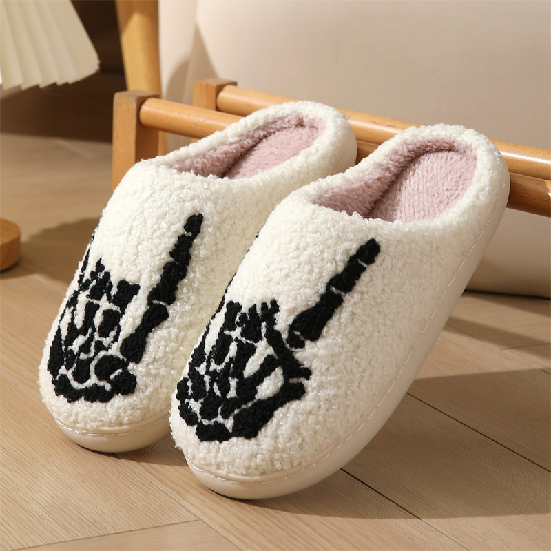 Skull Finger Pattern Skull Embroidery stuffed Home Platform Cozy Wool Cotton Slippers Rock Finger Warm Non-slip Indoor Slippers S044_voghion.com
