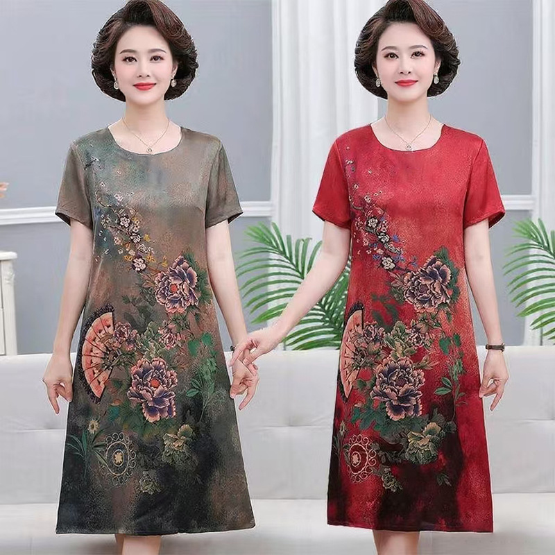 Middle-Aged Mom's Summer Short-Sleeve Ice Silk Dress 2025 New Style Middle-Aged and Elderly Women's Imitation Silk Plus-Size Printed Dress Middle-Aged Mom's Summer Short-Sleeve Ice Silk Dress 2025 New Style Middle-Aged and Elderly Women's Imitation Silk Plus-Size Printed Dress