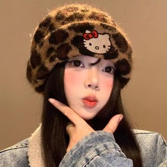 可爱Kitty猫豹纹毛线帽围巾女秋冬显脸小针织帽大头围保暖包头帽