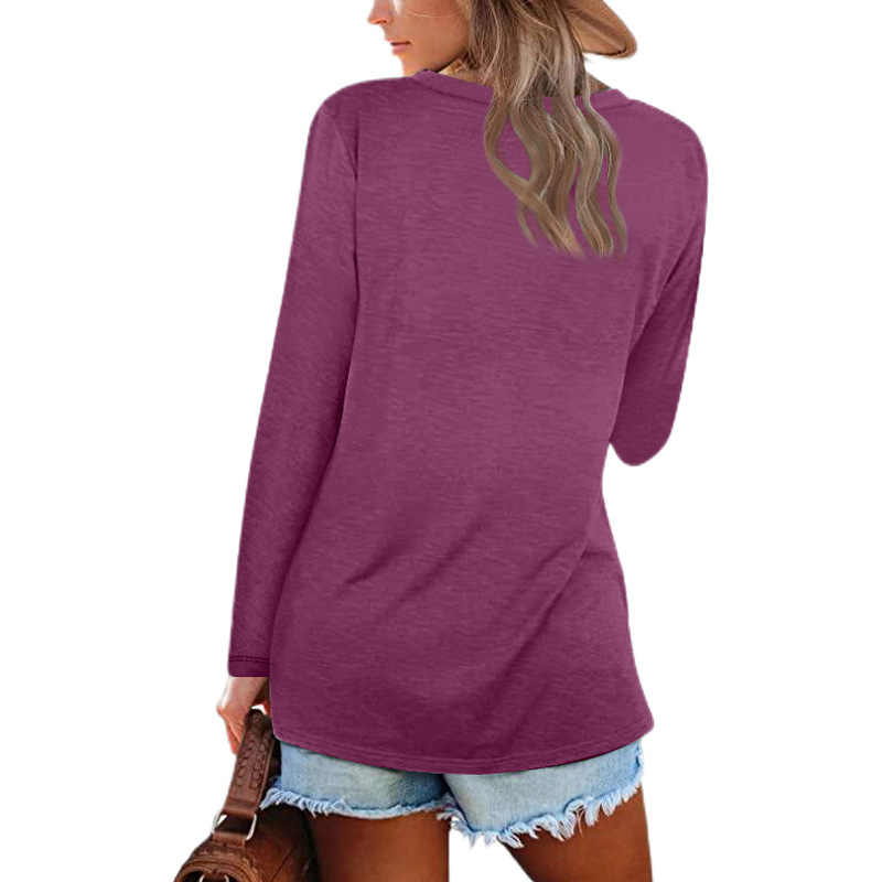 Women's T-shirt V-neck Loose Long Sleeved Solid Colour Top_voghion.com