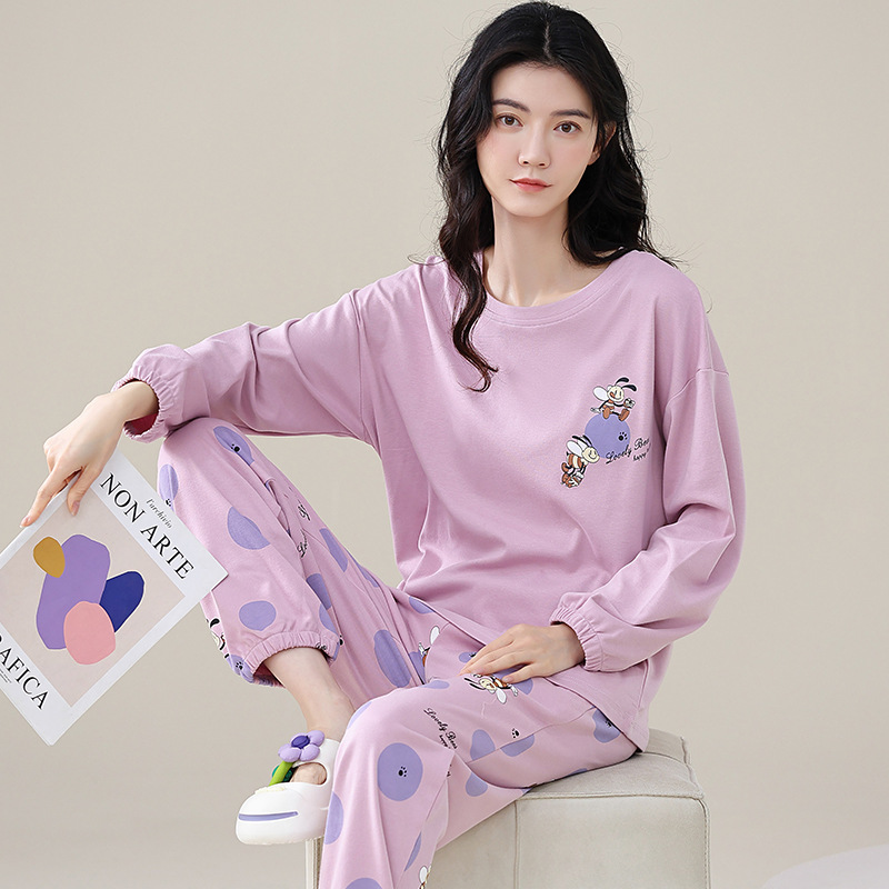 봄 가을 여성용 새 잠옷, 순면 긴팔 바지, 귀엽고 달콤한 가정복 세트, 부담 없이 입을 수 있다
