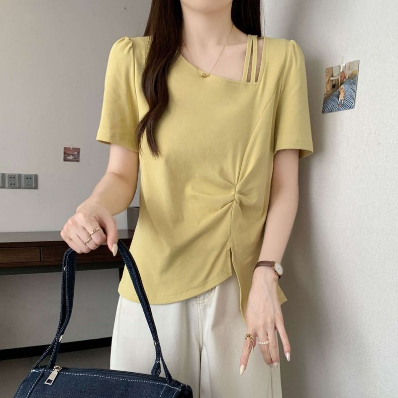 胖mm大码新款开叉不规则褶皱短袖t恤夏季纯棉显瘦体恤女上衣200斤|undefined