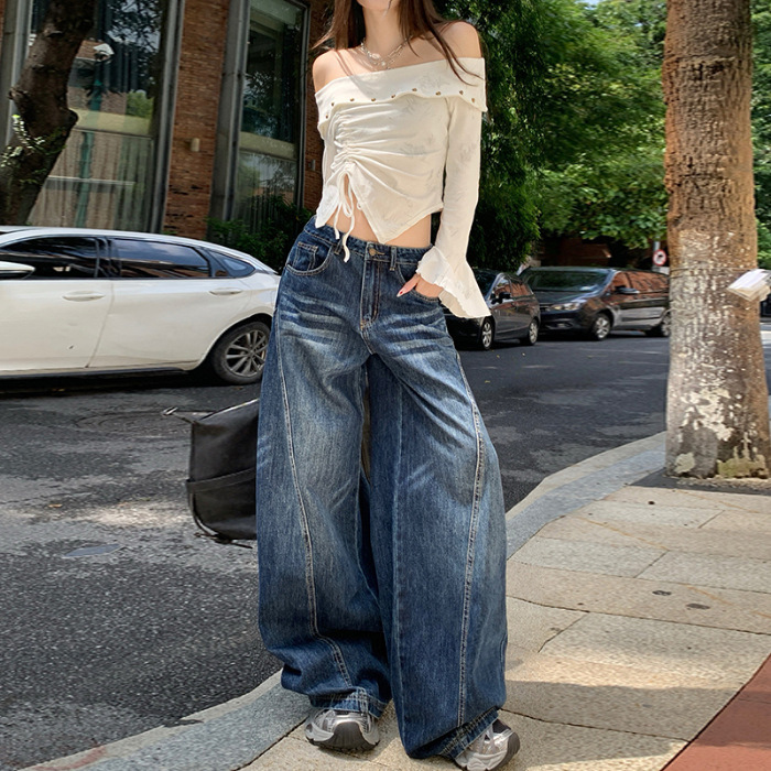 秋季深蓝复古猫抓痕弯刀牛仔裤女美式复古水洗宽松阔腿拖地裤子|undefined
