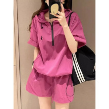 胖mm夏季大码短袖两件套女装减龄显瘦连帽短裤休闲运动短裤套装潮
