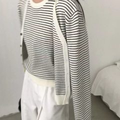 复古撞色条纹针织开衫圆领背心两件套女秋冬新款宽松百搭休闲套装