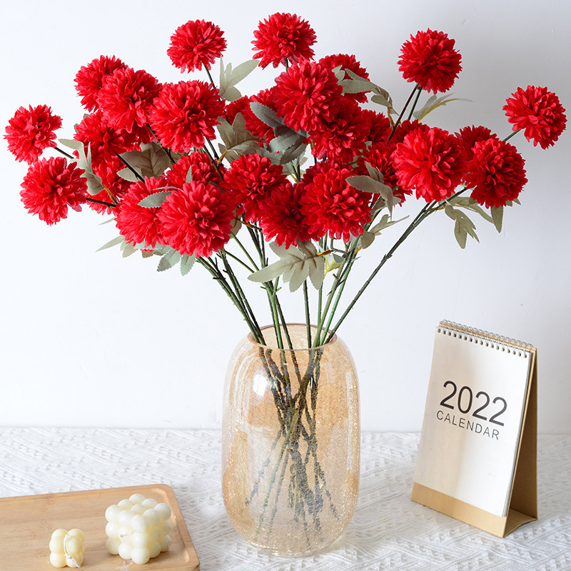 Three-headed ball chrysanthemum artificial flower artificial flower silk flower ping pong chrysanthemum home decoration table wedding flower arrangement artificial bouquet wholesale