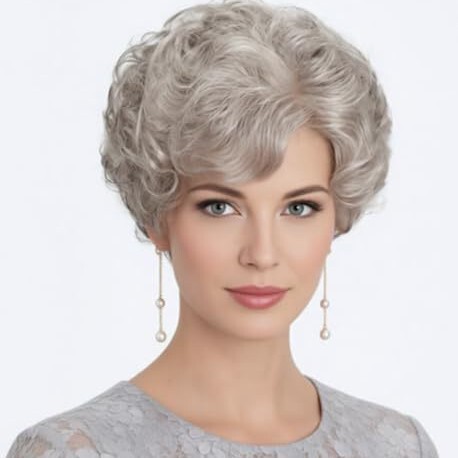 Wigs, New European and American Style Short Curly Hair for Women, Gray Curly Hair Wigs for Middle-Aged and Elderly Women, Rose Net, Factory Ready Stock