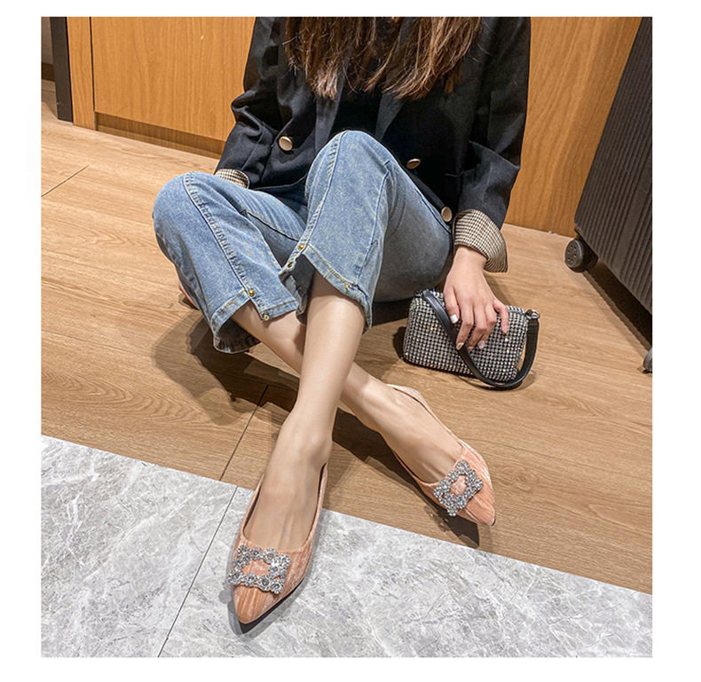 Giày búp bê nữ mũi nhọn nhung nhung Pháp khóa vuông đính đá, đế bằng, gót thấp 1–3 cm — Màu hồng (đáy phẳng), Màu đen (đế bằng) chi tiết 21