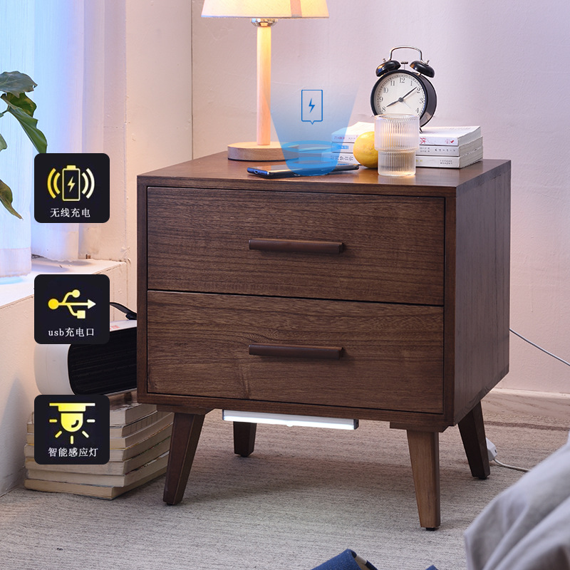 Solid Wood New Nordic Bedside Table Simple Storage Cabinet Modern Bedside Cabinet Bedroom Wireless Charging Hotel Small Cabinet