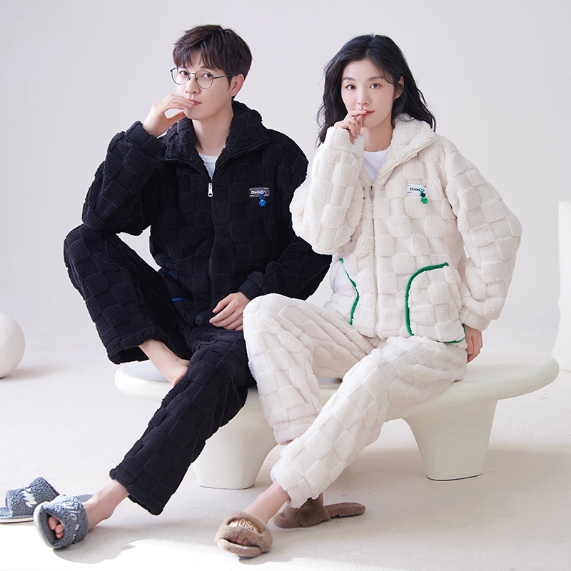 Pijamas de pareja de invierno de las mujeres de coral de lana collar de pie estilo deportivo ligero se puede usar fuera de forro polar engrosada homewear traje de manga larga