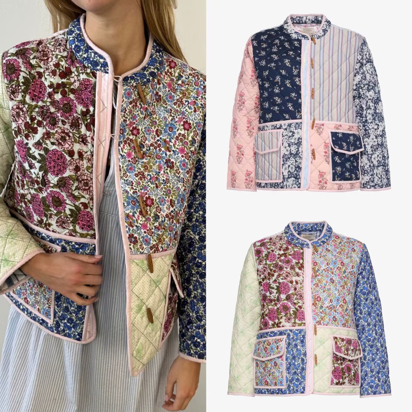 2024 Winter New Women's Stand up Collar Printed Quilted Loose Casual Splicing Cotton Coat for Women_voghion.com