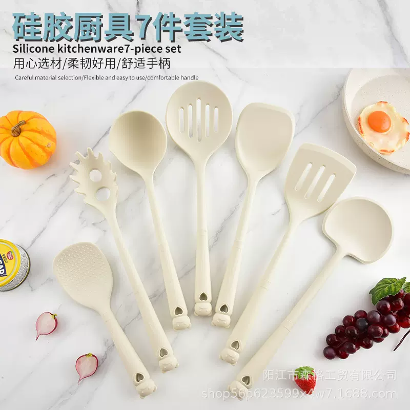 新款大号奶白色木柄硅胶厨具家用烹饪锅铲汤勺漏铲饭勺蘑菇铲套装