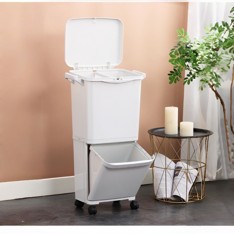 Japanese-Style Creative Double-Layer Sorting Trash Can for Home Kitchen Waste with Wheels and Lid, Plastic Trash Bin for Dry and Wet Separation